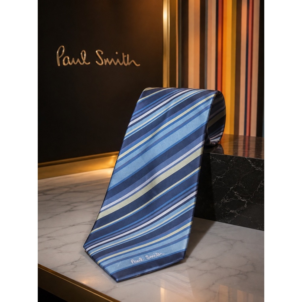 Paul Smith Mens Blue Multi Stripe 100% Silk Hand Made Necktie Tie